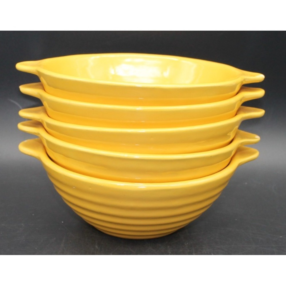 Vintage Bauer Pottery Soup Bowls Set of 5 Ringware Yellow Lug Handles AS-IS